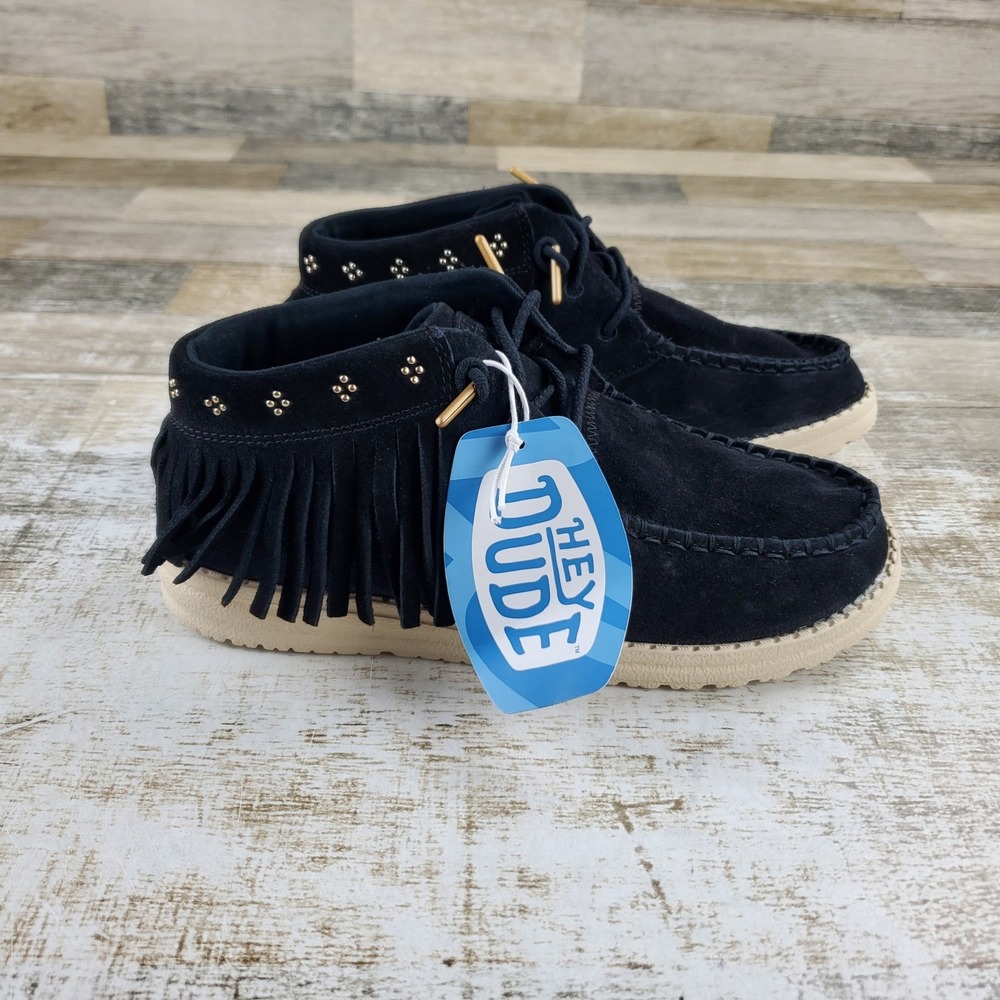 Hey Dude Wendy Mid Fringe Cowgirl Womens Loafer Shoes Sz 8 Black Suede Slip On